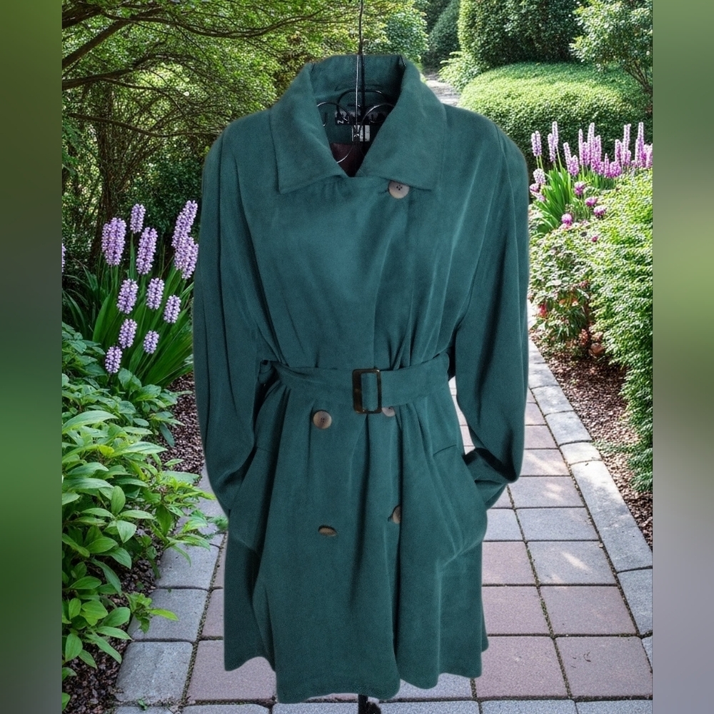 NY Line Dry Silk Coat, Retro, Vintage, Dark Green Size M